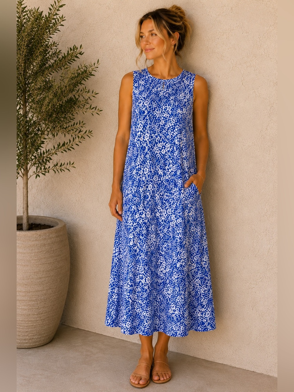 Rip Skirt Lightweight Blue White Floral Sleeveless Maxi Dress With Pockets XS